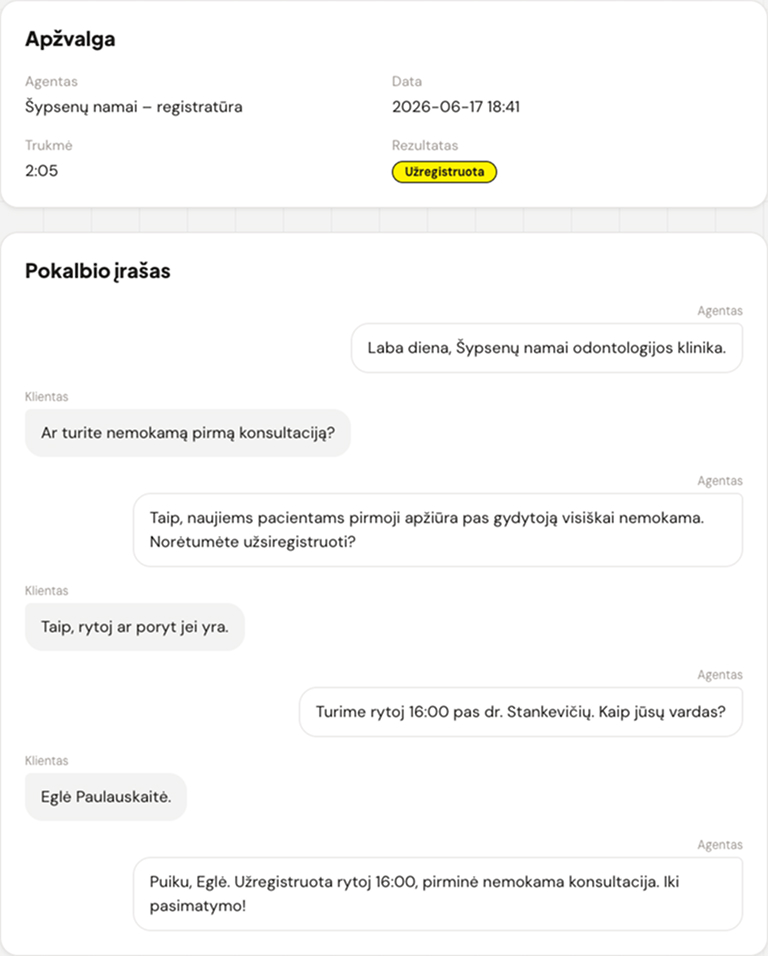 Skambučio apžvalga su pokalbio tekstu ir rezultato žyme