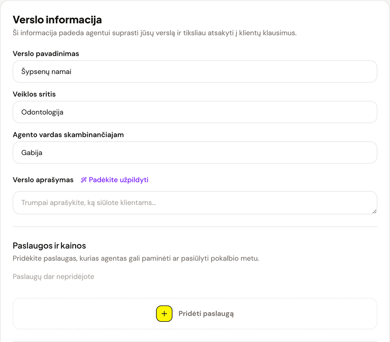 Verslo informacijos ir paslaugų konfigūracijos forma