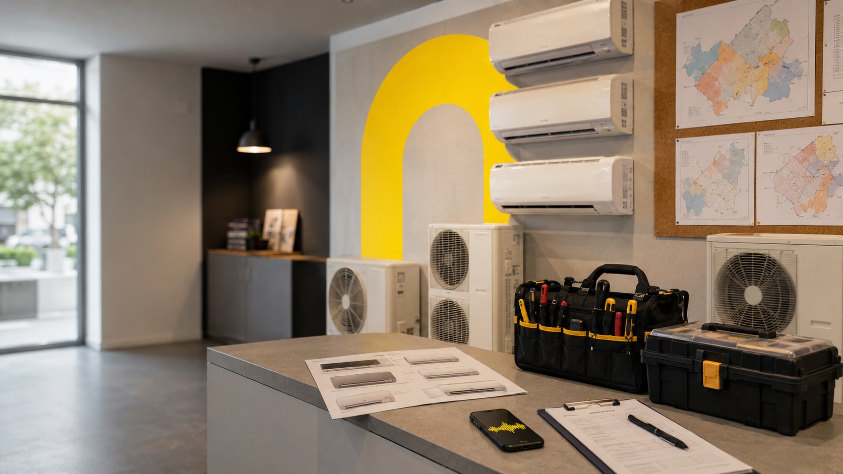 DI agentas oro kondicionierių įmonės — An empty air conditioning company showroom with sp...