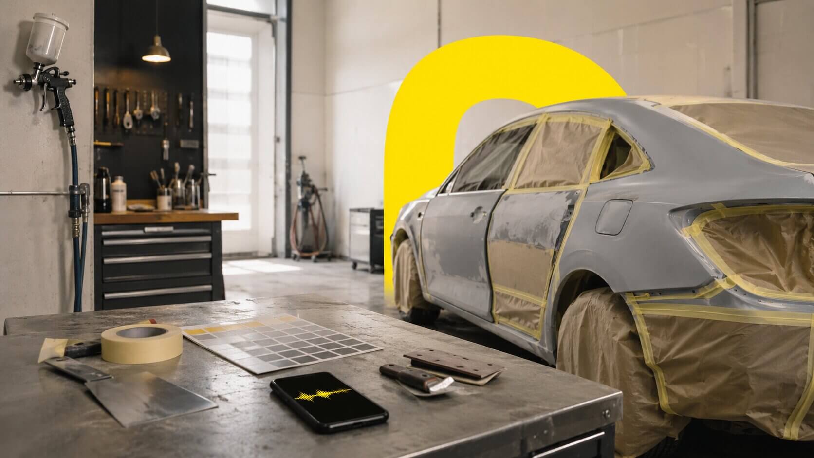 DI agentas kėbulų remonto centrui — tuščia dirbtuvė su automobiliu ant keltuvo