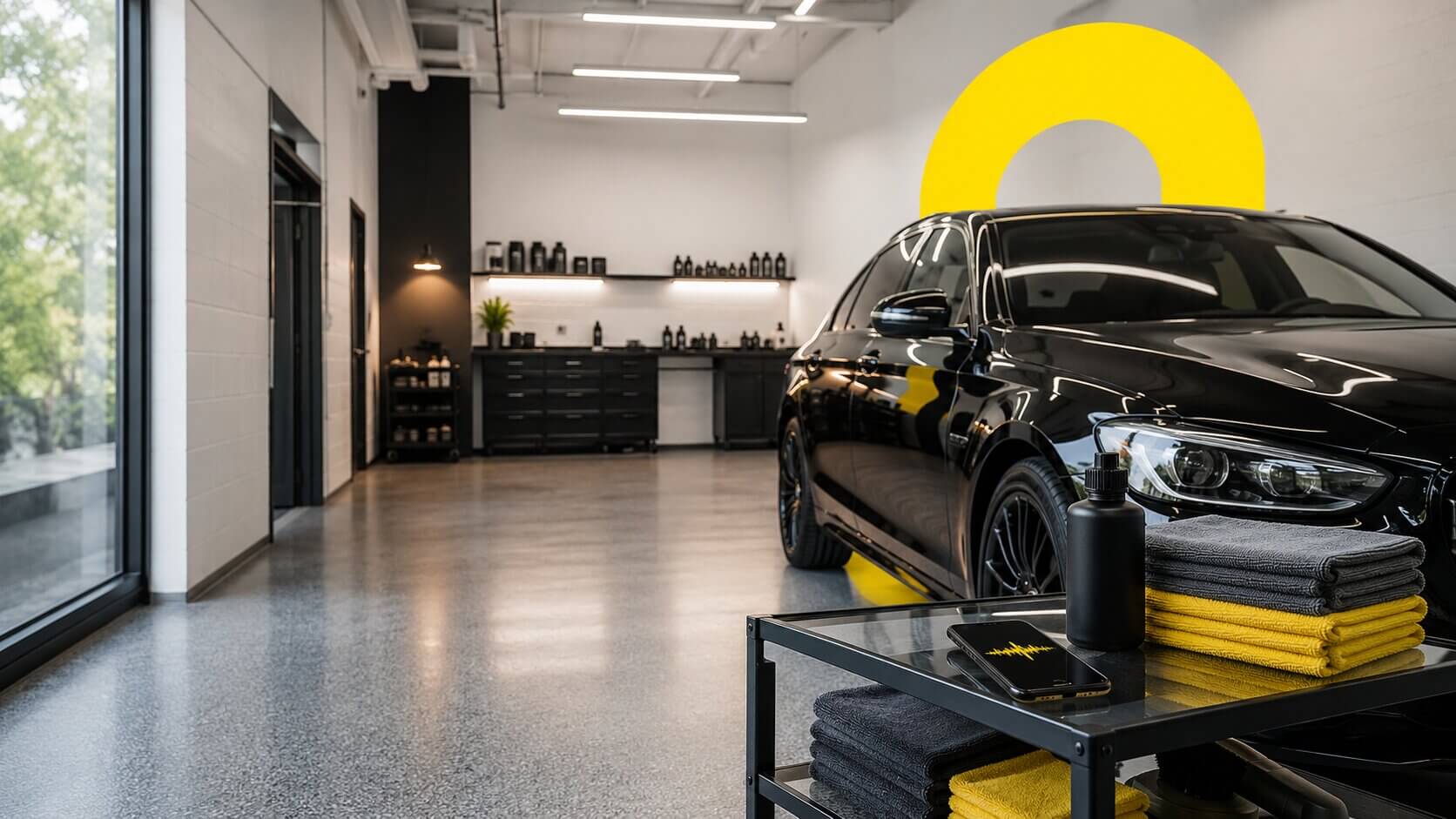 DI agentas automobilių detailing centrui — tuščia detailing erdvė su blizgančiu automobiliu