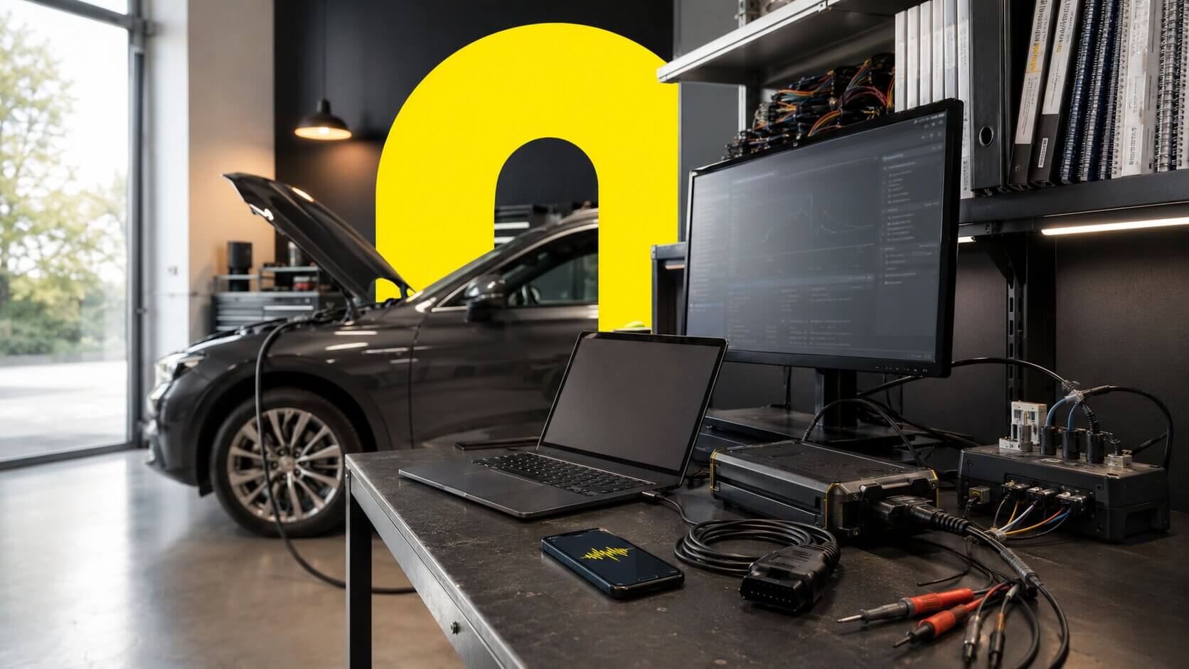 DI agentas automobilių elektronikos servisui — tuščia dirbtuvė su diagnostikos įranga
