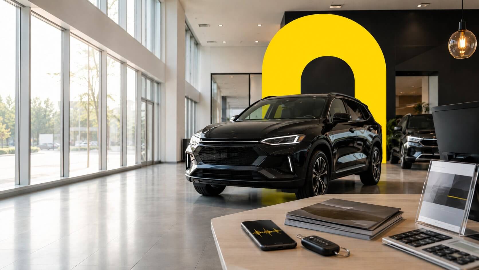 DI agentas automobilių prekybos įmonei — tuščias automobilių salonas su eksponuojamais automobiliais