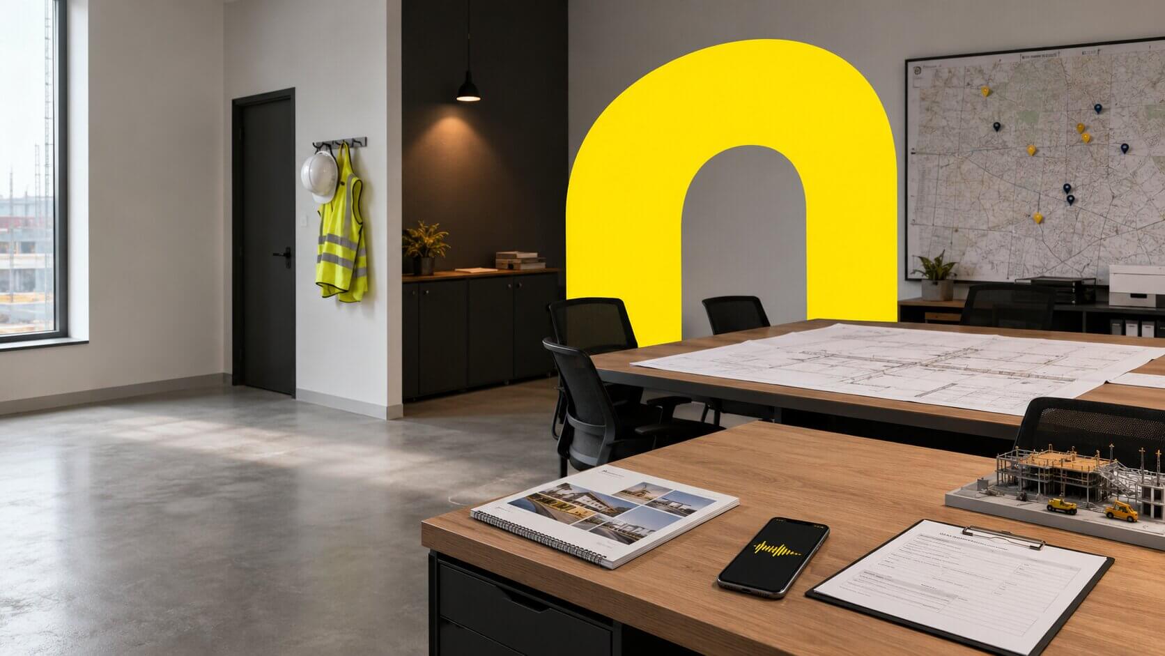 DI agentas statybos įmonės — An empty construction company office with a large ...