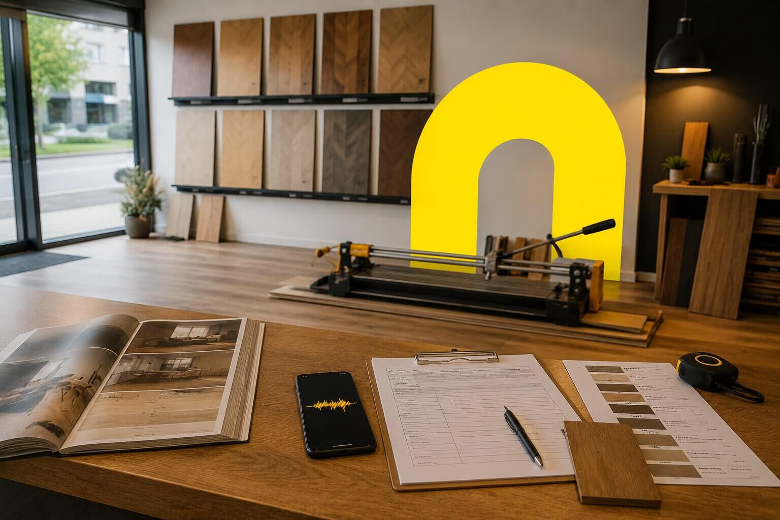 DI agentas grindų klojimo meistrai — An empty flooring installer workspace with wall-mo...