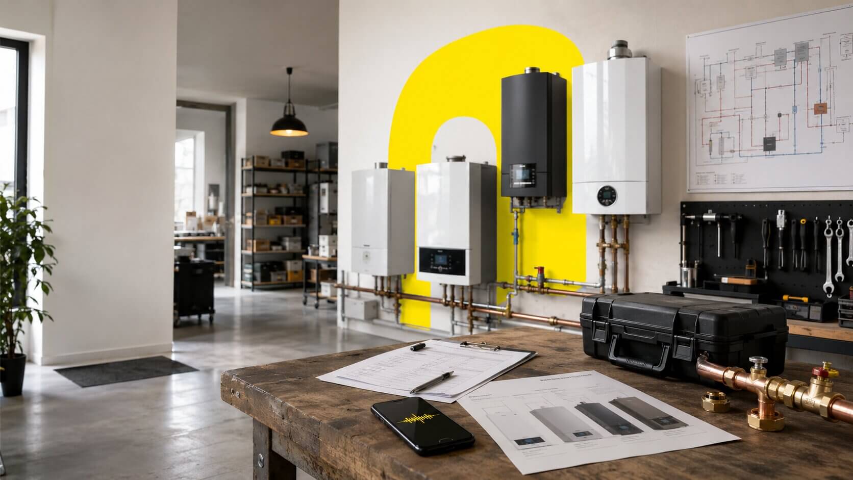 DI agentas šildymo sistemų įmonės — An empty heating systems company workshop with a d...