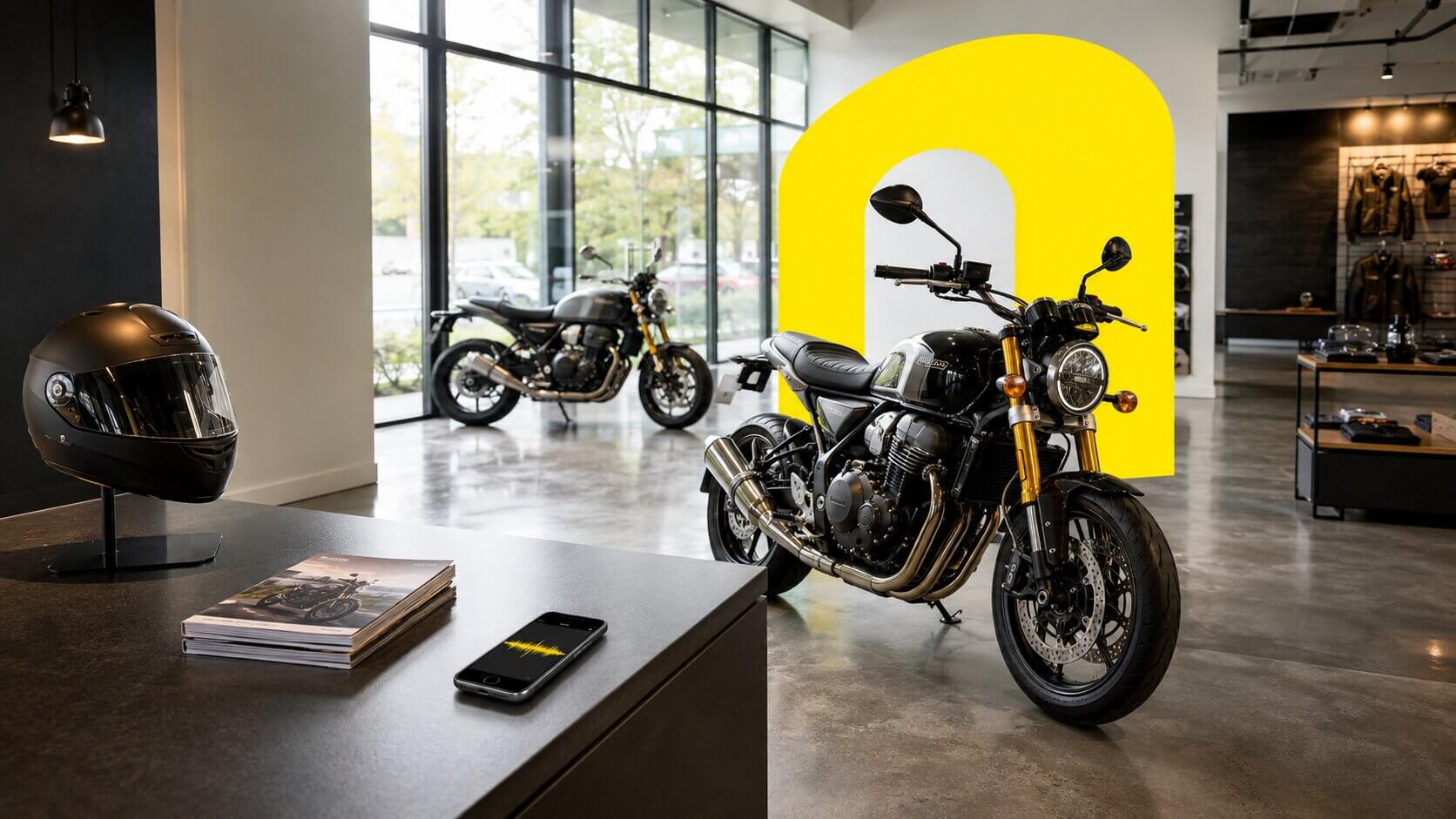 DI agentas motociklų pardavimui — tuščias motociklų salonas su eksponuojamais modeliais