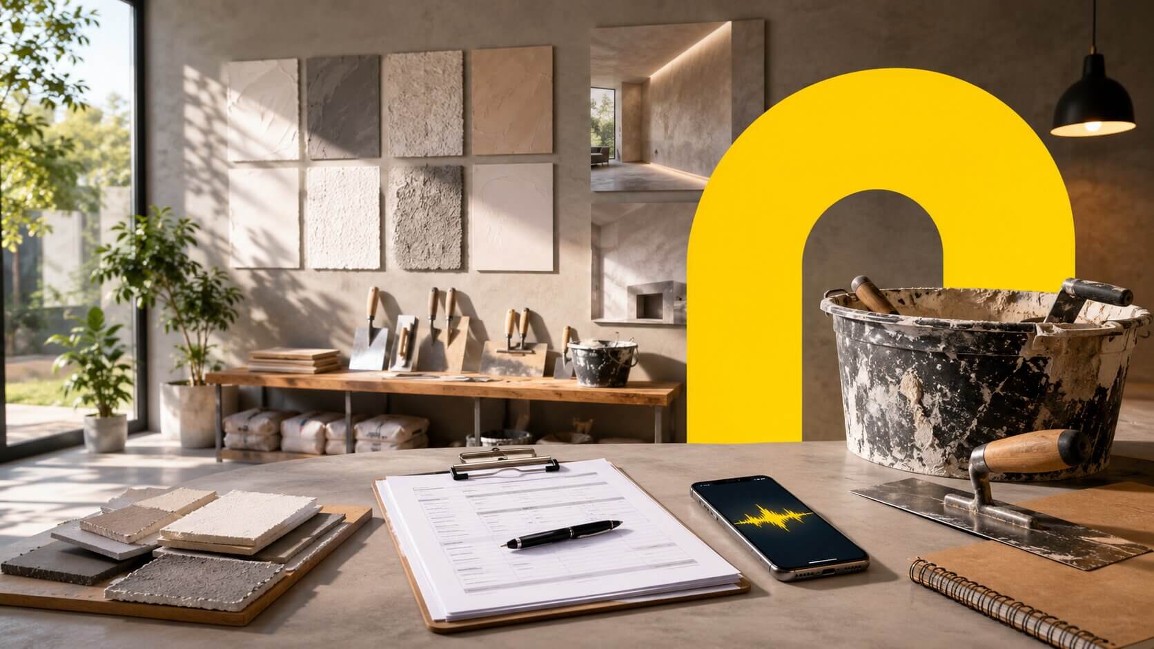 DI agentas tinko darbų meistrai — An empty plastering contractor workspace with a sa...