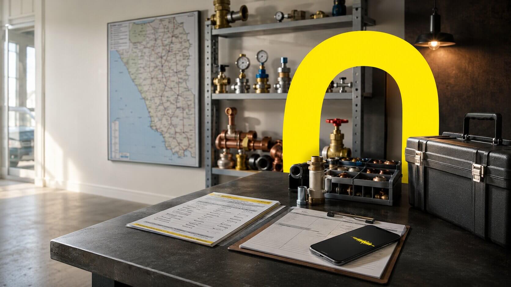 DI agentas santechnikos įmonės — An empty plumbing company workspace with a display...