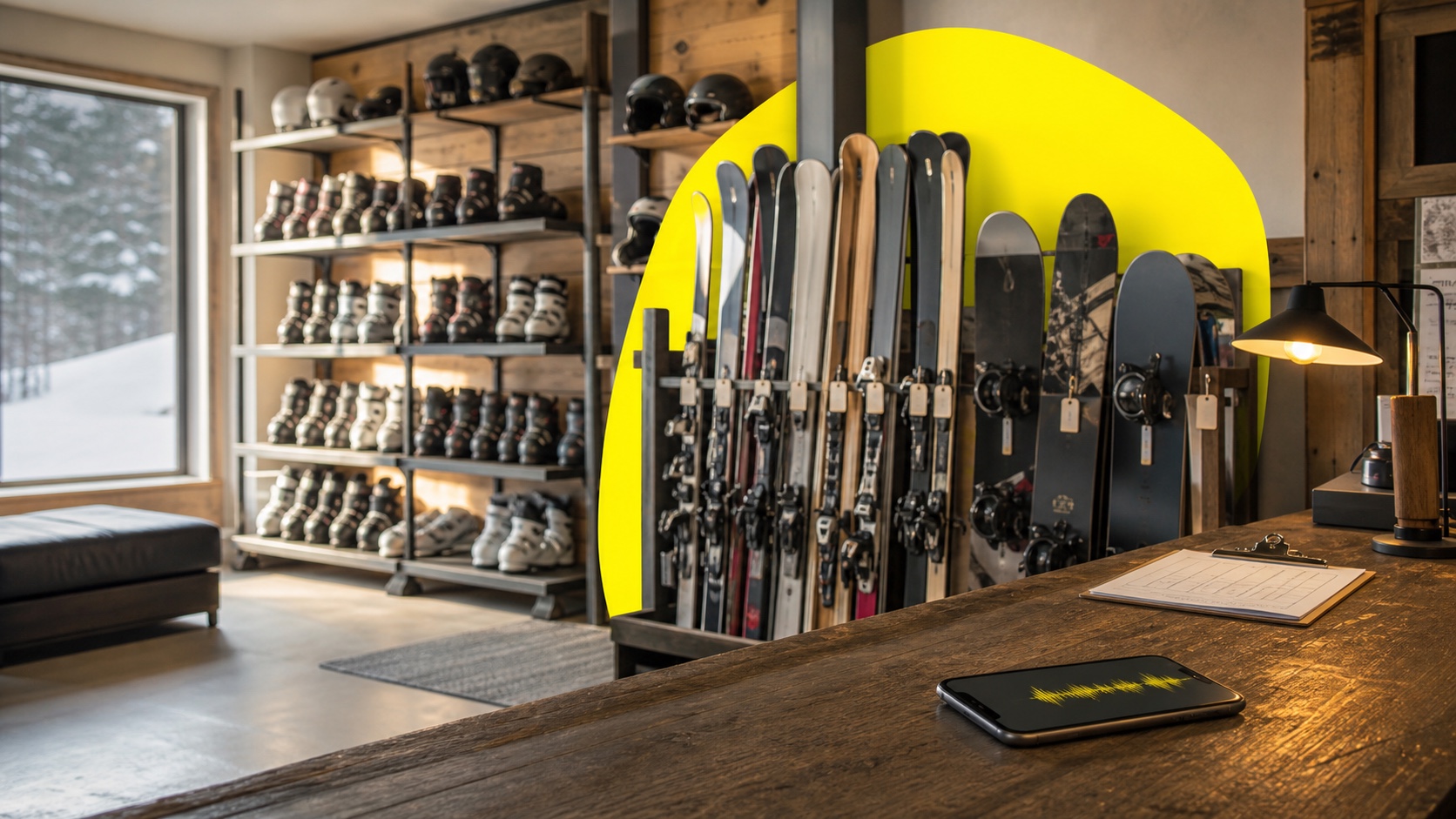 DI agentas slidinėjimo inventoriaus nuomai — tuščias nuomos punktas su slidėmis ir batais