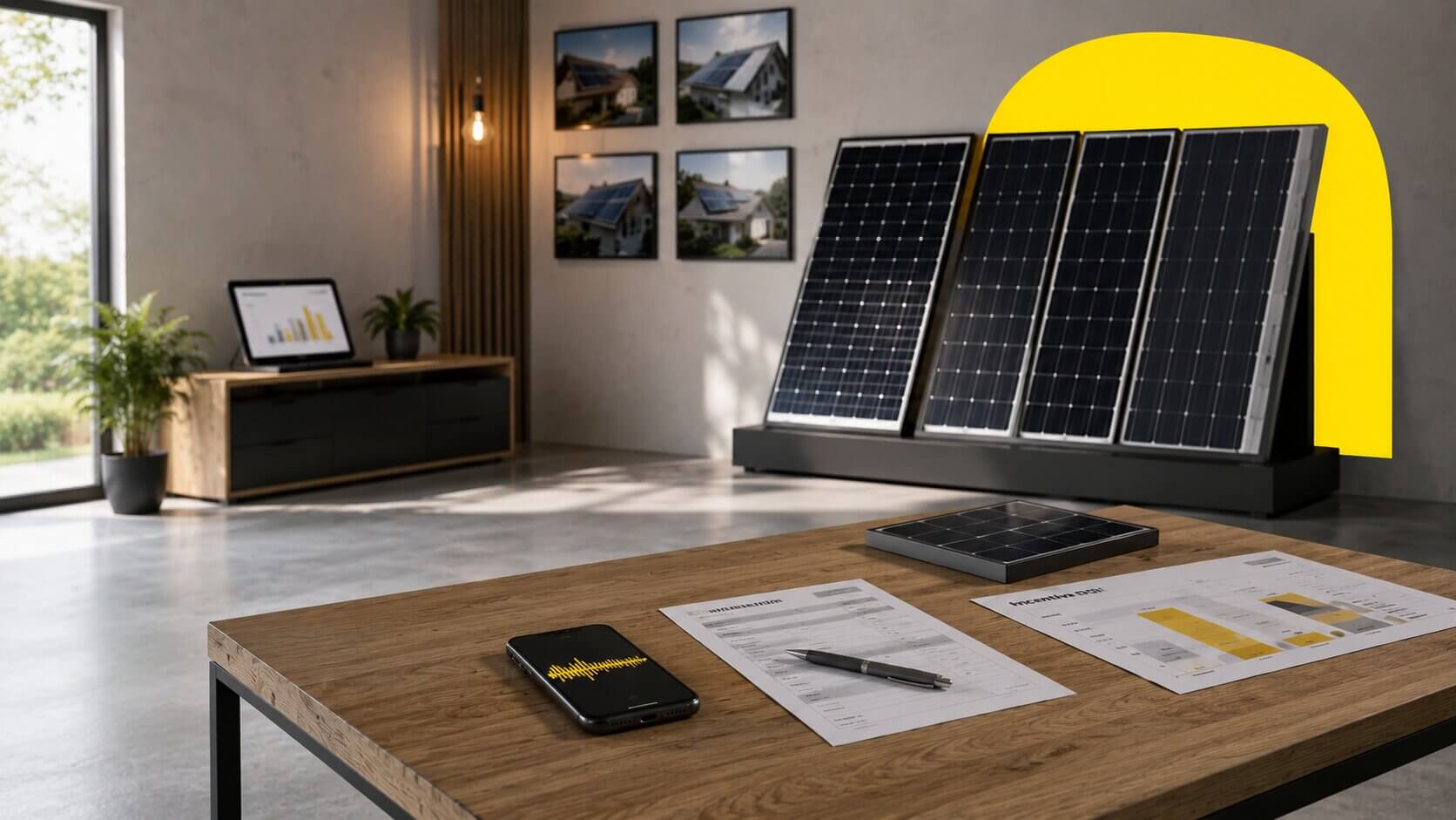DI agentas saulės elektrinių montavimo įmonės — An empty solar energy company showroom with a wall...