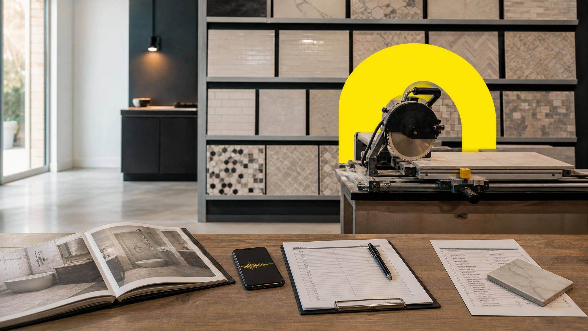 DI agentas plytelių klojimo meistrai — An empty tile installation workspace with a displa...
